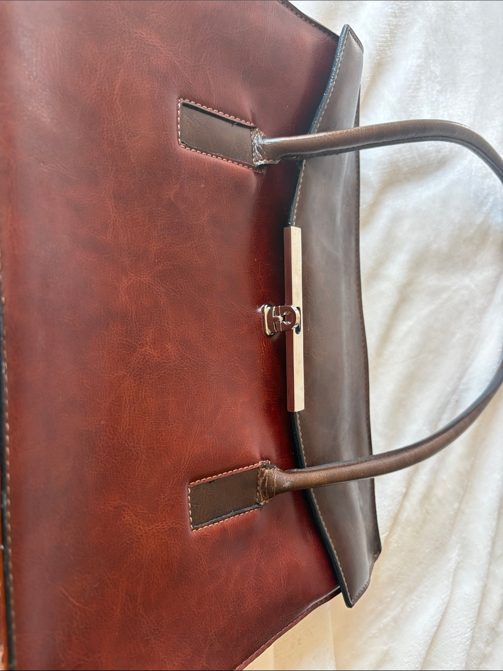 Rina Rich Two-Tone Chestnut and Dark Brown Leather Shoulder Bag